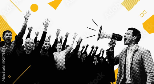 people in the crowd Trendy Halftone Protest Collage Illustration with Megaphone and Raised Hands