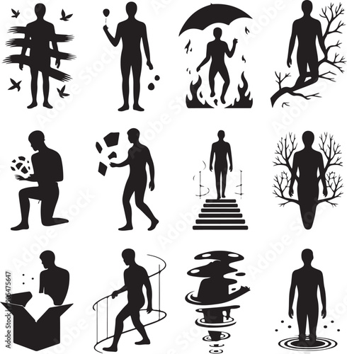 set of black silhouettes of people in various emotional states and situations