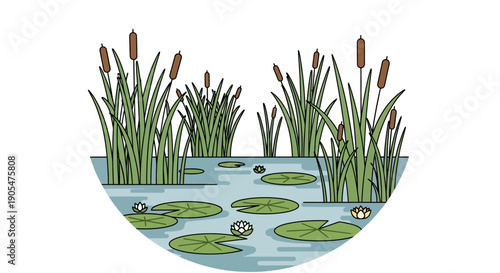 Illustration of a serene pond with cattails and water lilies, depicting a peaceful natural wetland environment.