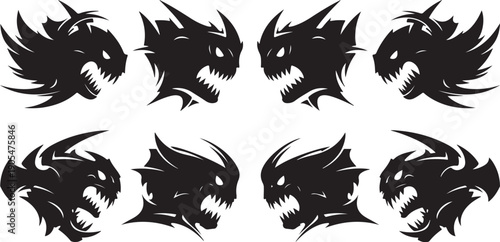 Collection of eight black monster head silhouettes on white
