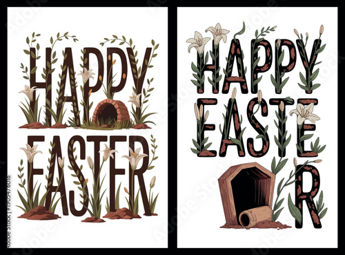 Happy Easter Typography with Empty Tomb and Lily Design