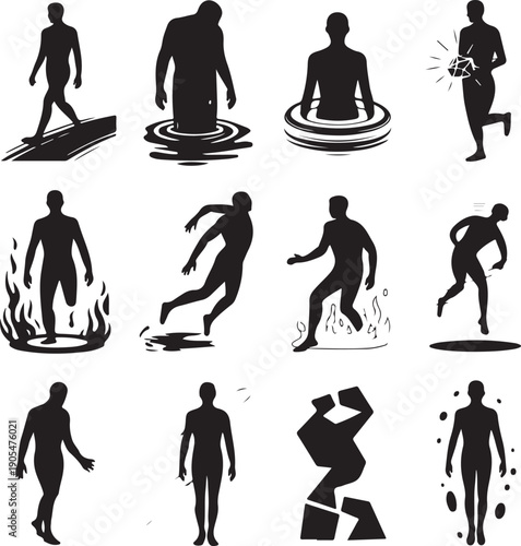set of black silhouettes of people in various poses and actions