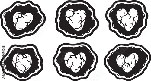 Cracked heart shapes in black and white illustration style