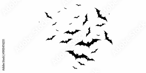 A swarm of silhouetted bats flying against a white background
