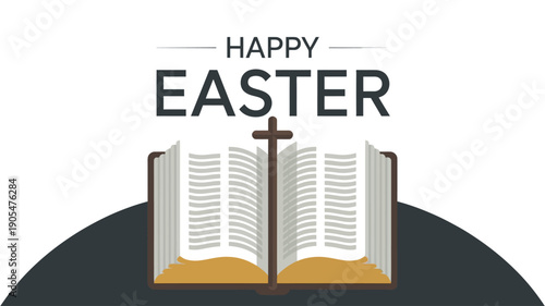 Happy Easter with Open Bible and Cross Illustration