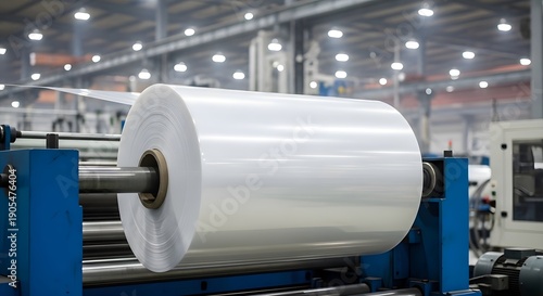 Industrial Plastic Production: Large white polyethylene film roll on manufacturing machine, factory floor background, packaging material supply, chemical industry, warehouse and distribution concept