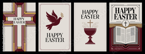 Happy Easter Religious Greeting Cards with Cross, Dove, Chalice, and Bible