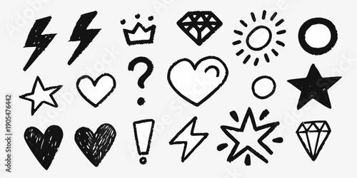 Collection of hand drawn doodle icons and symbols in black and white