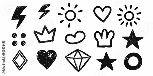 Collection of hand drawn doodle icons including stars hearts and lightning bolts