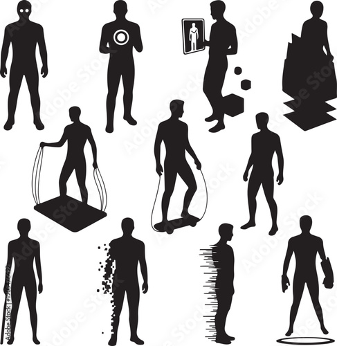 set of black silhouettes of people in various poses and activities