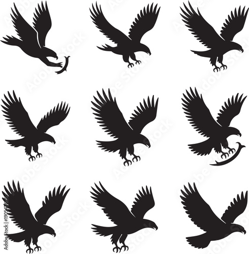 black silhouettes of eagles in various flying positions on white background