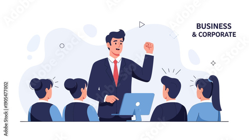 Business meeting and presentation with speaker and audience