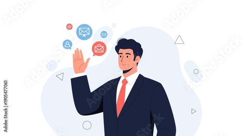 Businessman interacting with digital communication icons, modern abstract background
