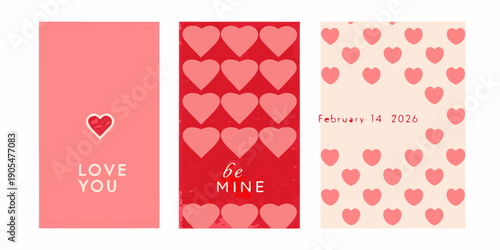Three vertical panels displaying heart patterns and romantic phrases