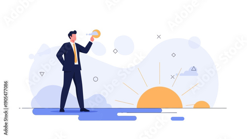 Businessman looking through telescope at sunrise, visionary concept