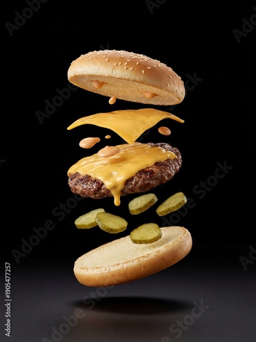 Wallpaper Mural Exploded layered cheeseburger with floating layers on black background
 Torontodigital.ca