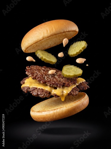 Wallpaper Mural Exploded layered smash burger floating on black background
 Torontodigital.ca