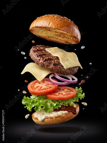 Wallpaper Mural Exploded layered gourmet hamburger with premium ingredients on black background
 Torontodigital.ca