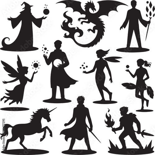 set of fantasy mythical creatures and people silhouettes