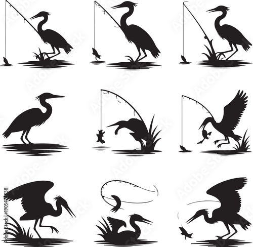 black silhouettes of herons fishing and interacting with water and plants