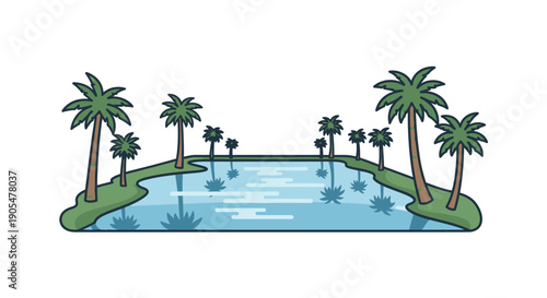 Cartoon illustration of a tropical oasis with palm trees surrounding a serene body of water.