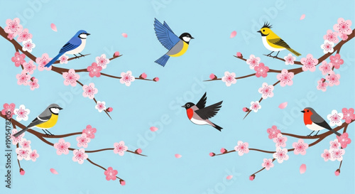 Colorful birds perch on blooming cherry blossom branches against a light blue sky with soft pink flowers