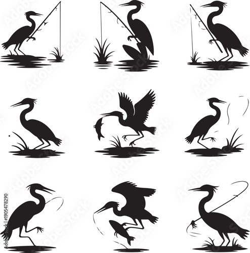 black silhouettes of herons in various poses and actions