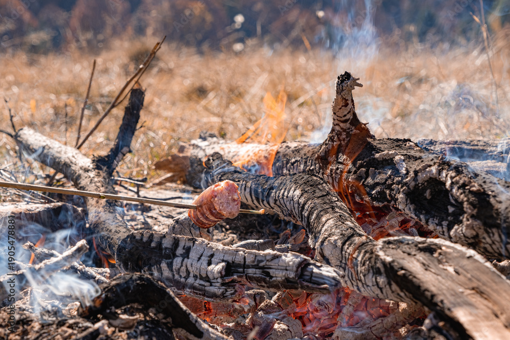 Obraz premium a sausage being roasted over an outdoor campfire on a wooden stick. This is a traditional and popular method of cooking food outdoors, particularly while camping or during a bonfire event