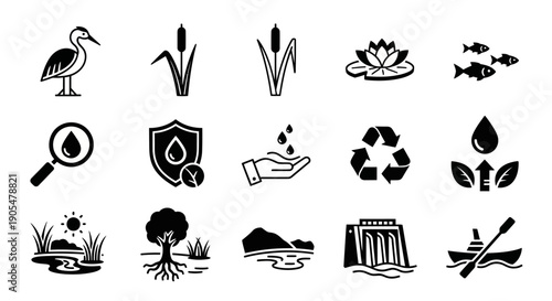 Set of icons representing water resources, conservation, and aquatic life, including birds, plants, and environmental protection symbols.