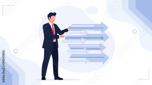 Businessman holding group of arrows pointing forward, strategy and success concept