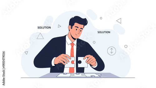 Businessman assembling jigsaw puzzle pieces, symbolizing strategy and problem-solving