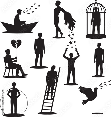 Silhouette of people in various emotional and conceptual situations