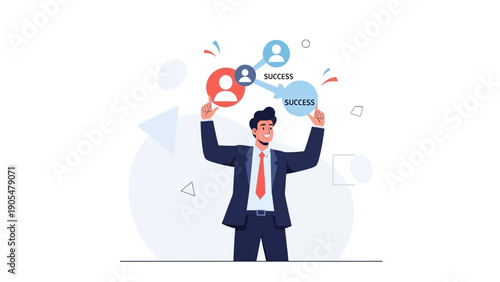 Businessman Holding Keys to Success and Connecting People for Achievement