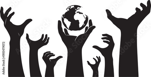 Many hands reaching for the earth together in unity