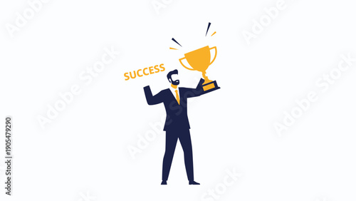 Businessman holding trophy and celebrating success