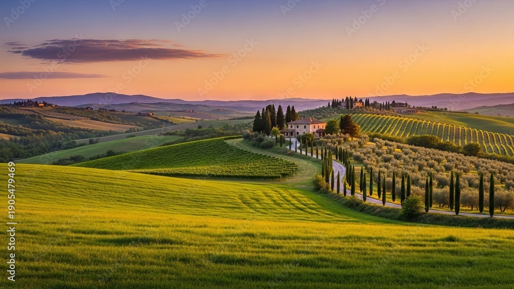 Naklejka premium Serene Tuscan Landscape with Rolling Hills and Farmhouse at Sunset