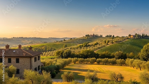 Scenic Tuscan Landscape with Rolling Hills Vineyards and Olive Groves at Sunset