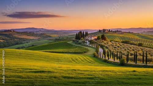 Wallpaper Mural Serene Tuscan Landscape with Rolling Hills and Farmhouse at Sunset Torontodigital.ca