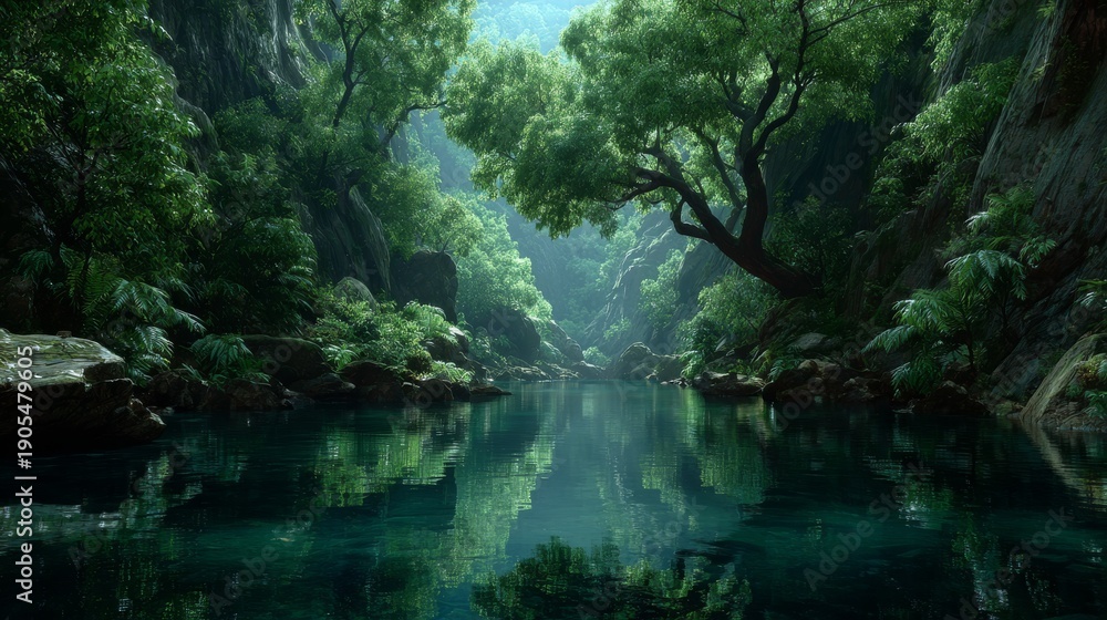 Fototapeta premium Emerald Embrace: A peaceful lake mirrors the dense green canopy that surrounds it, composing a captivating image of natural beauty and quiet