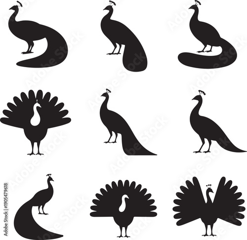 black silhouettes of peacocks in various poses on white background