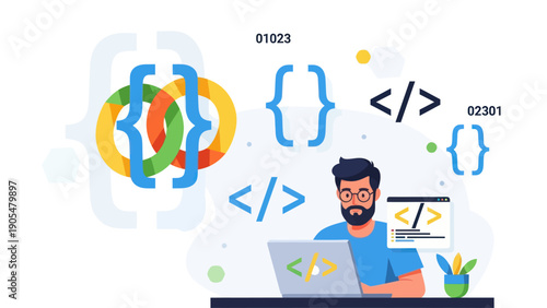 Programmer Working on Code at Desk.