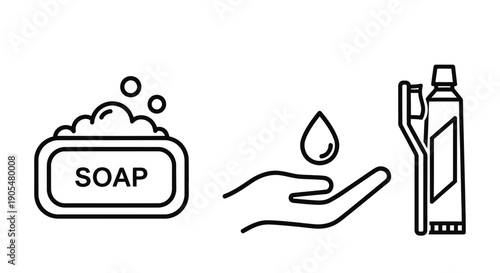 Line art depicting soap a hand and a bottle of cleaning solution