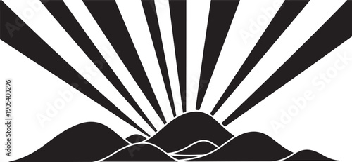 Sunrise over mountains in black and white illustration style