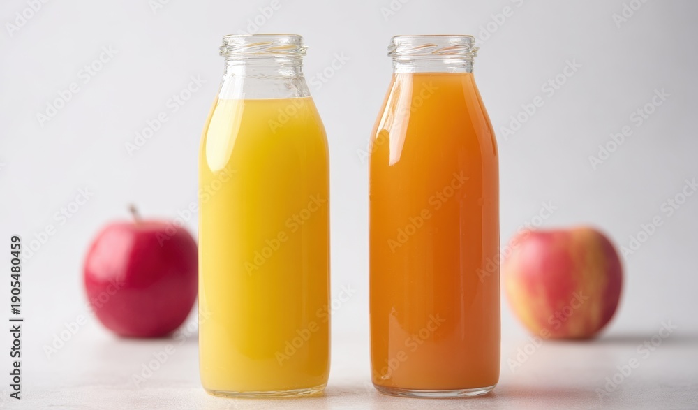 Fototapeta premium Juice bottles with apple in the background on a plain surface