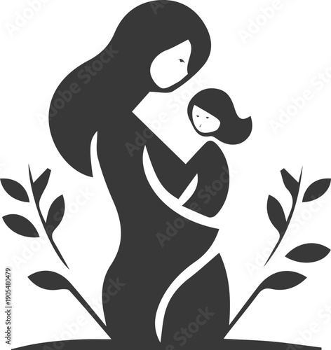 Mother and baby icon collection with maternity silhouettes, parenting love symbols, pregnancy, childcare, family care moments isolated on white background vector.