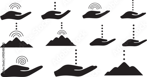 Hand holding mountain with signal waves in black icons