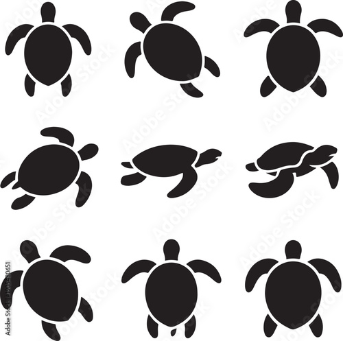 black silhouettes of sea turtles in various swimming positions