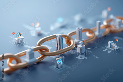 Wallpaper Mural Golden chain links connect miniature buildings and icons representing interconnected blockchain network infrastructure for modern digital commerce. Torontodigital.ca