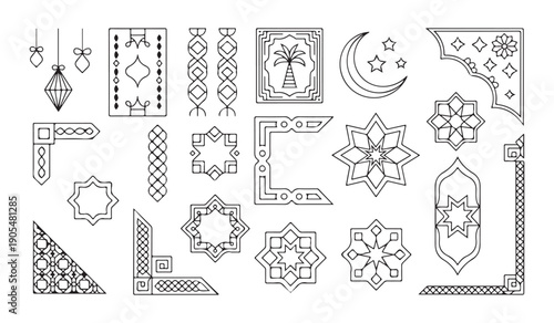 A diverse collection of outline Islamic decorative elements featuring borders, corners, lanterns, and geometric shapes