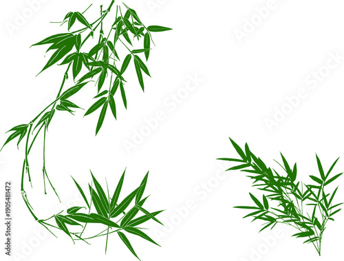 Green bamboo leaves and branches silhouette set. Vector oriental style nature elements isolated on white background.